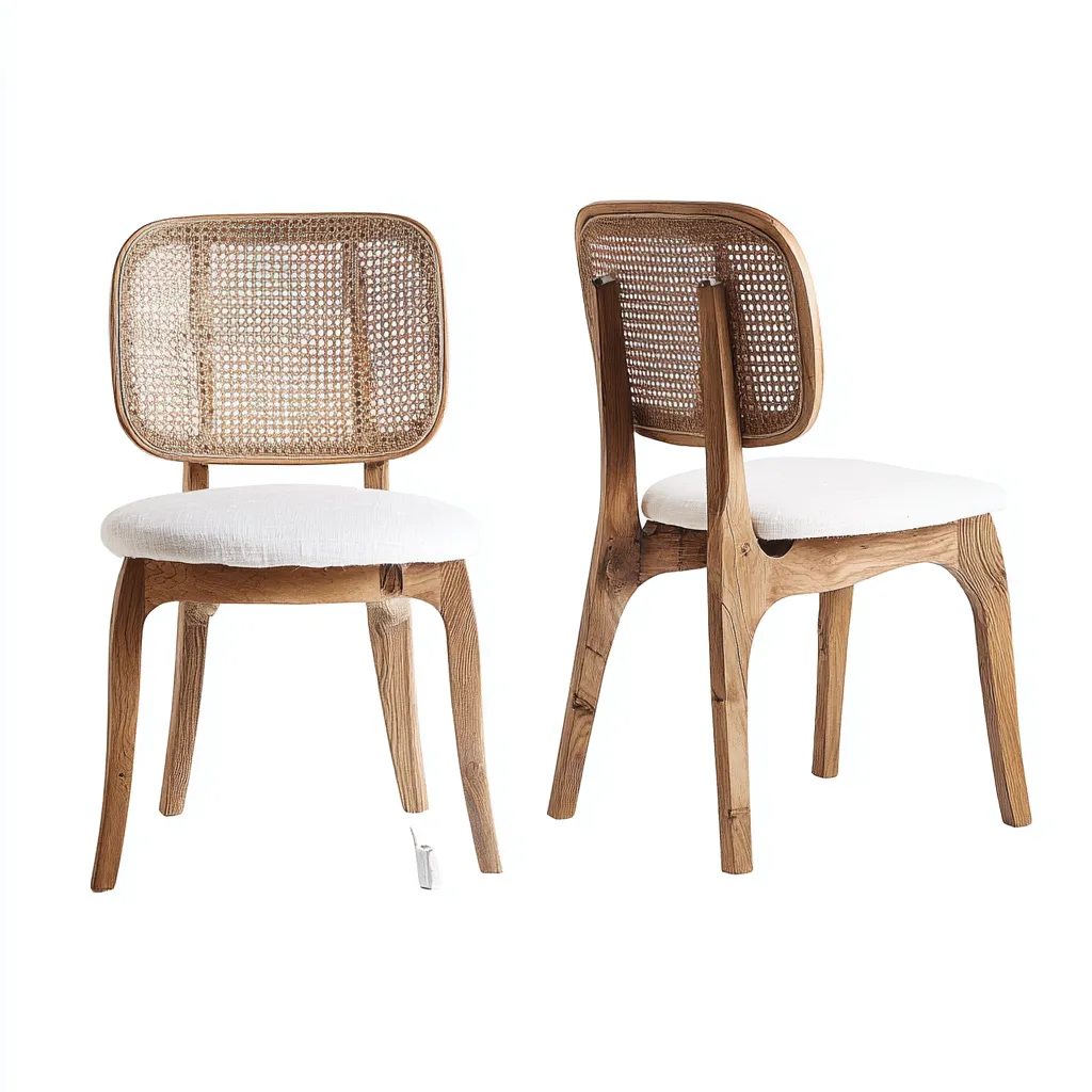 Set di 2 sedie da pranzo in legno rattan e tessuto 48×53×83 cm - naturale e bianco - design organico contemporaneo per Sala Da Pranzo-Hataraliving