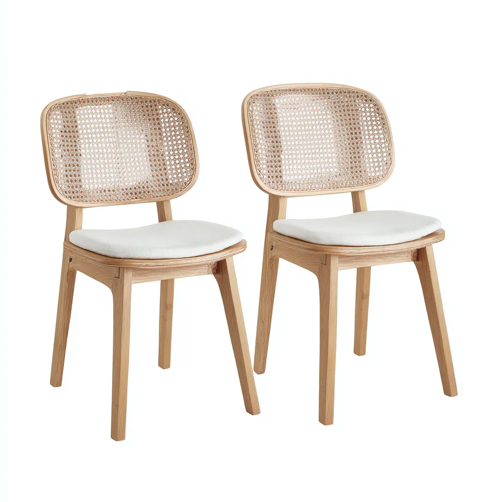 Set di 2 sedie da pranzo in legno e rattan 48×53×84 cm - naturale/bianco - seduta imbottita - Sala Da Pranzo-Hataraliving