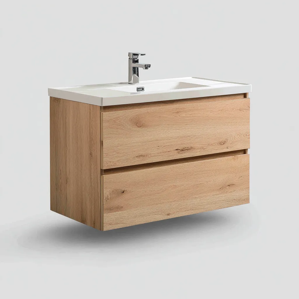Mobile lavabo sospeso in legno 90×48×58 cm - rovere chiaro e bianco - design moderno essenziale-Hataraliving