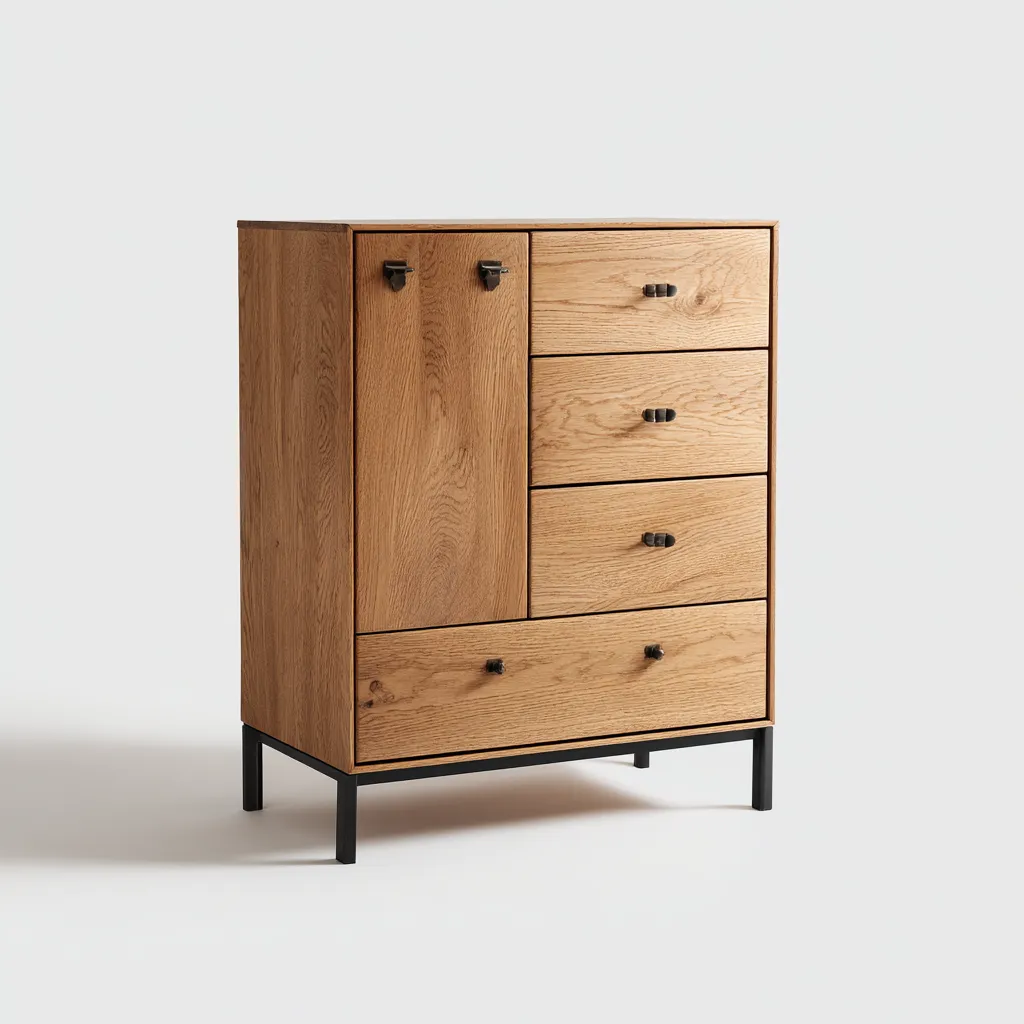 Credenza alta in legno 92×42×118 cm - rovere naturale e nero - stile industriale con contenimento verticale-Ravakahome