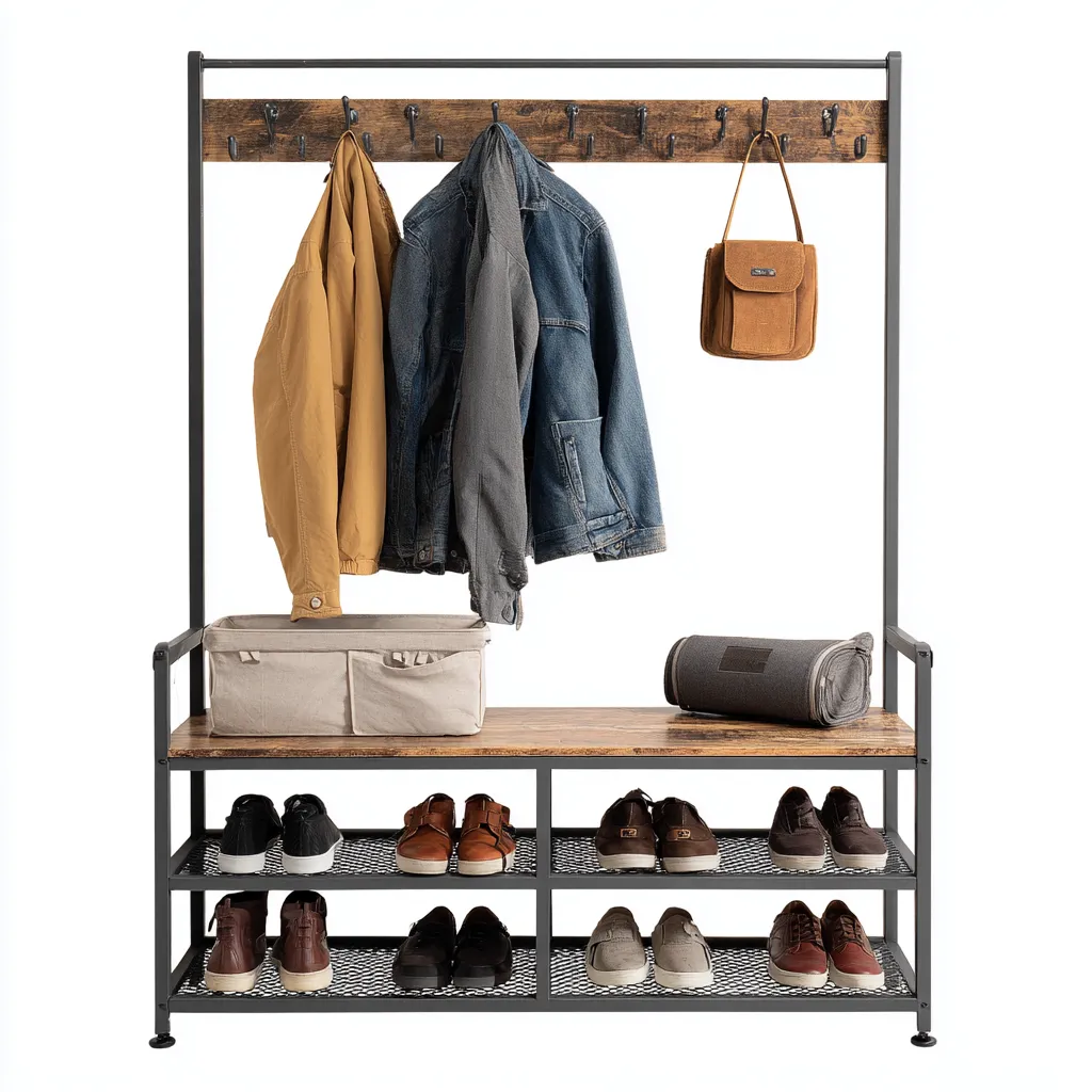 Appendiabiti da ingresso 110×40×180 cm - nero e marrone - metallo con panca ganci e portascarpe-Ravakahome