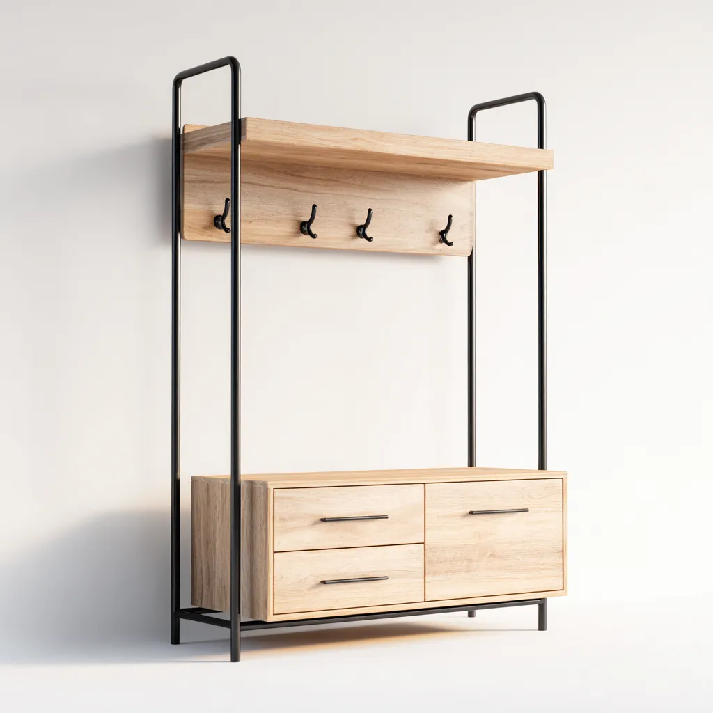 Appendiabiti da ingresso in legno e metallo 100×38×180 cm - rovere e nero - con mensola e mobile contenitivo-Ravakahome