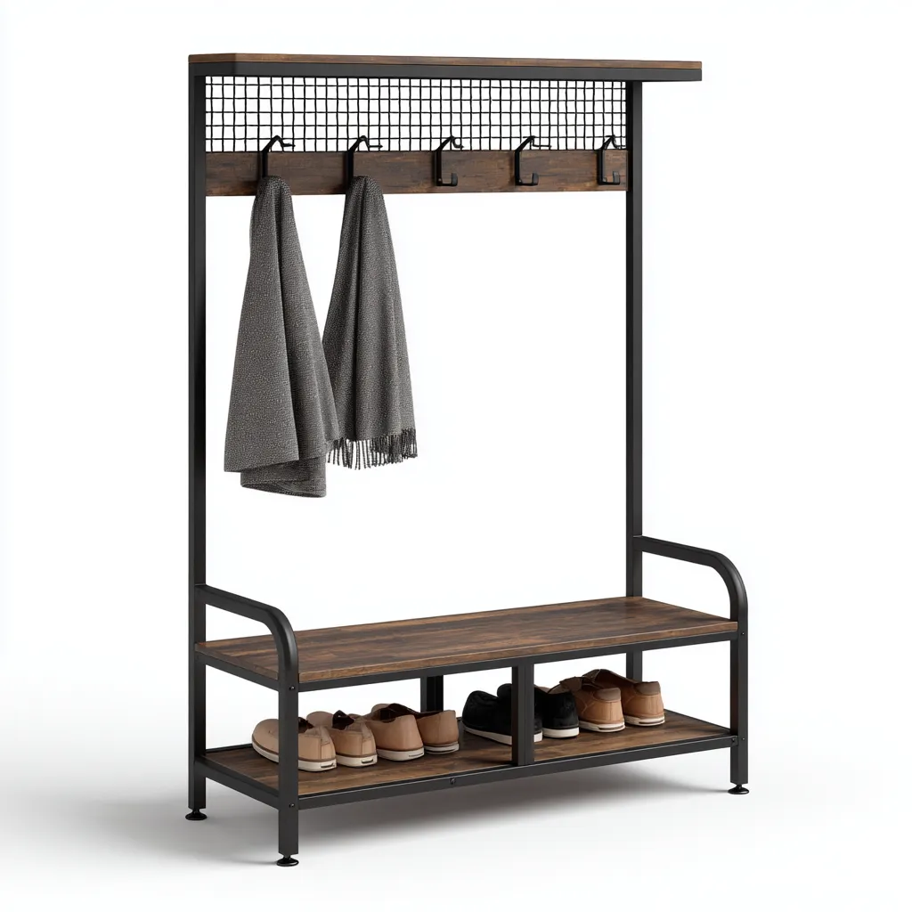 Appendiabiti da ingresso con panca in metallo e legno 100×40×182 cm - nero e marrone scuro - design industriale con ripiano portascarpe-Ravakahome