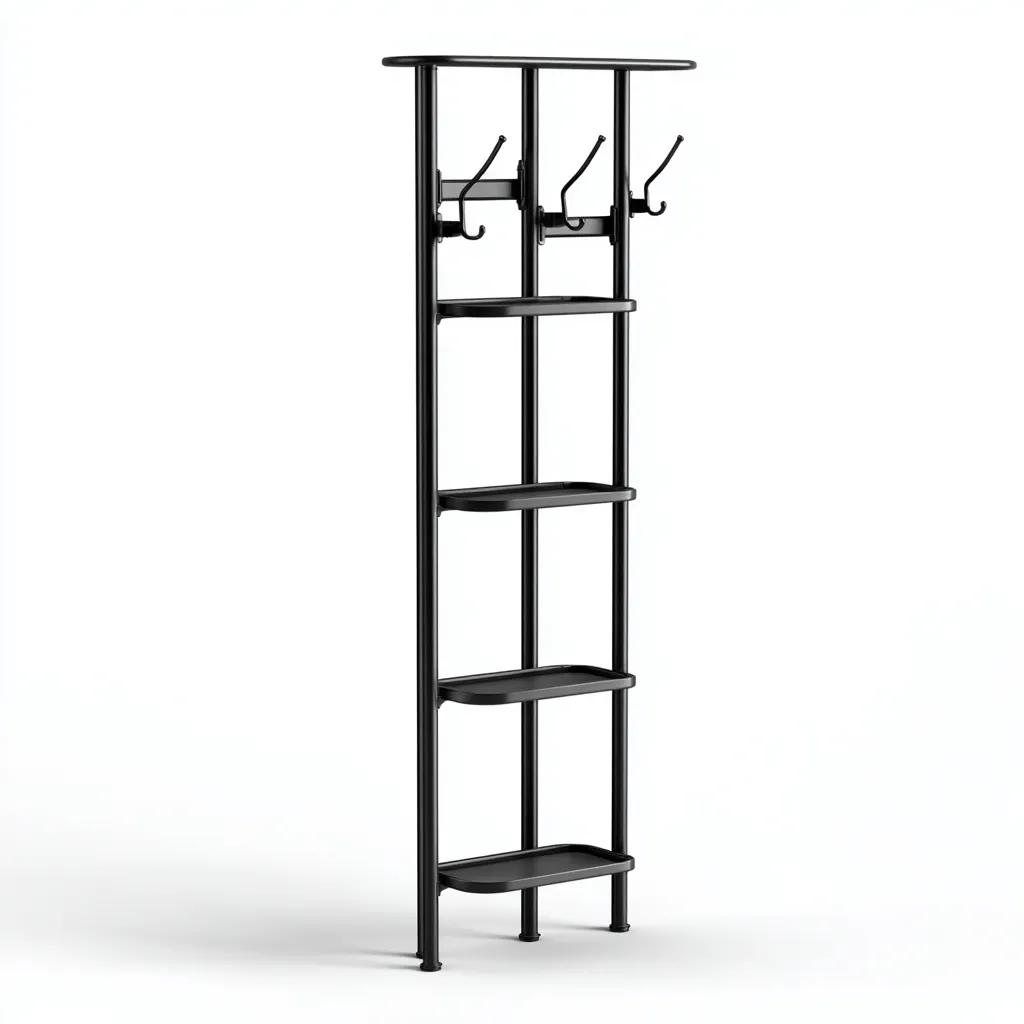 Appendiabiti verticale 42×32×178 cm - nero - metallo con ripiani salvaspazio per ingresso-Ravakahome