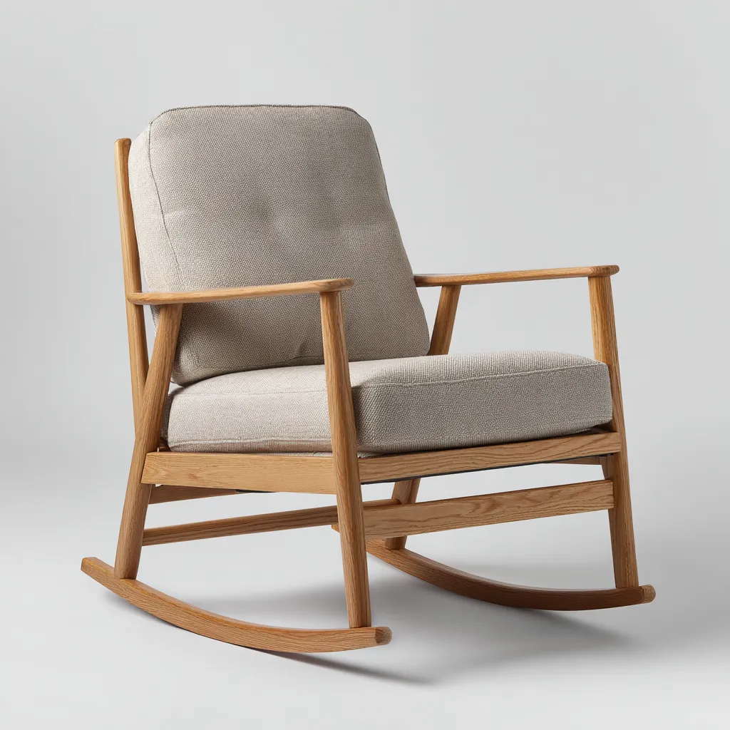 Sedia a dondolo 74×88×92 cm - tessuto imbottito e legno - beige e naturale - stile nordico con braccioli aperti-Ravakahome
