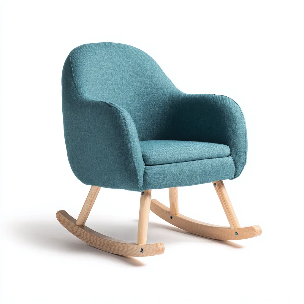 Sedia a dondolo 72×82×88 cm - tessuto imbottito e legno - azzurro e naturale - design avvolgente per soggiorno-Ravakahome