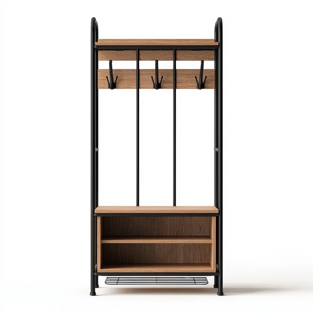 Appendiabiti da ingresso in legno e metallo 80×35×182 cm - marrone e nero - con panca e ripiano portascarpe-Ravakahome