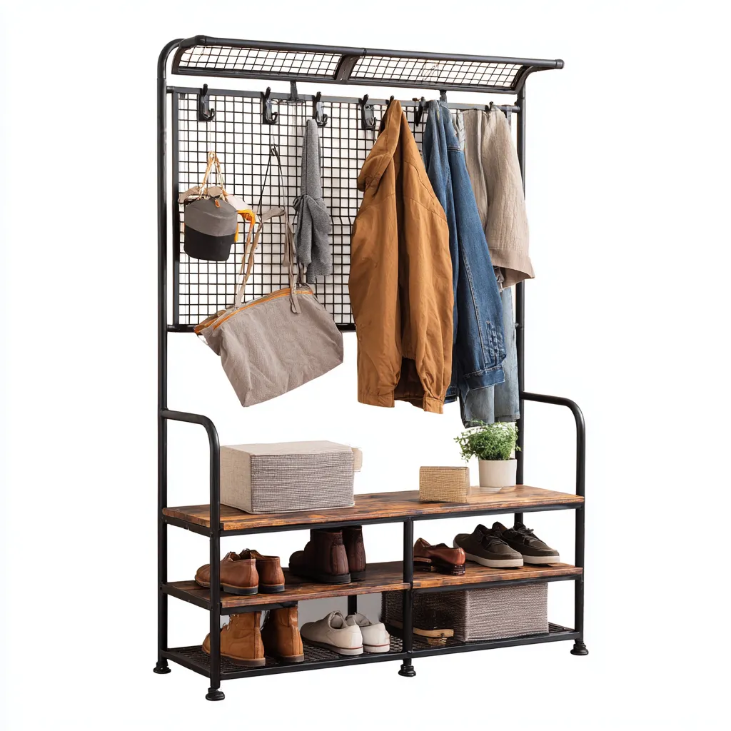 Appendiabiti da ingresso 100×40×185 cm - nero e marrone - metallo con panca e vano per scarpe-Ravakahome
