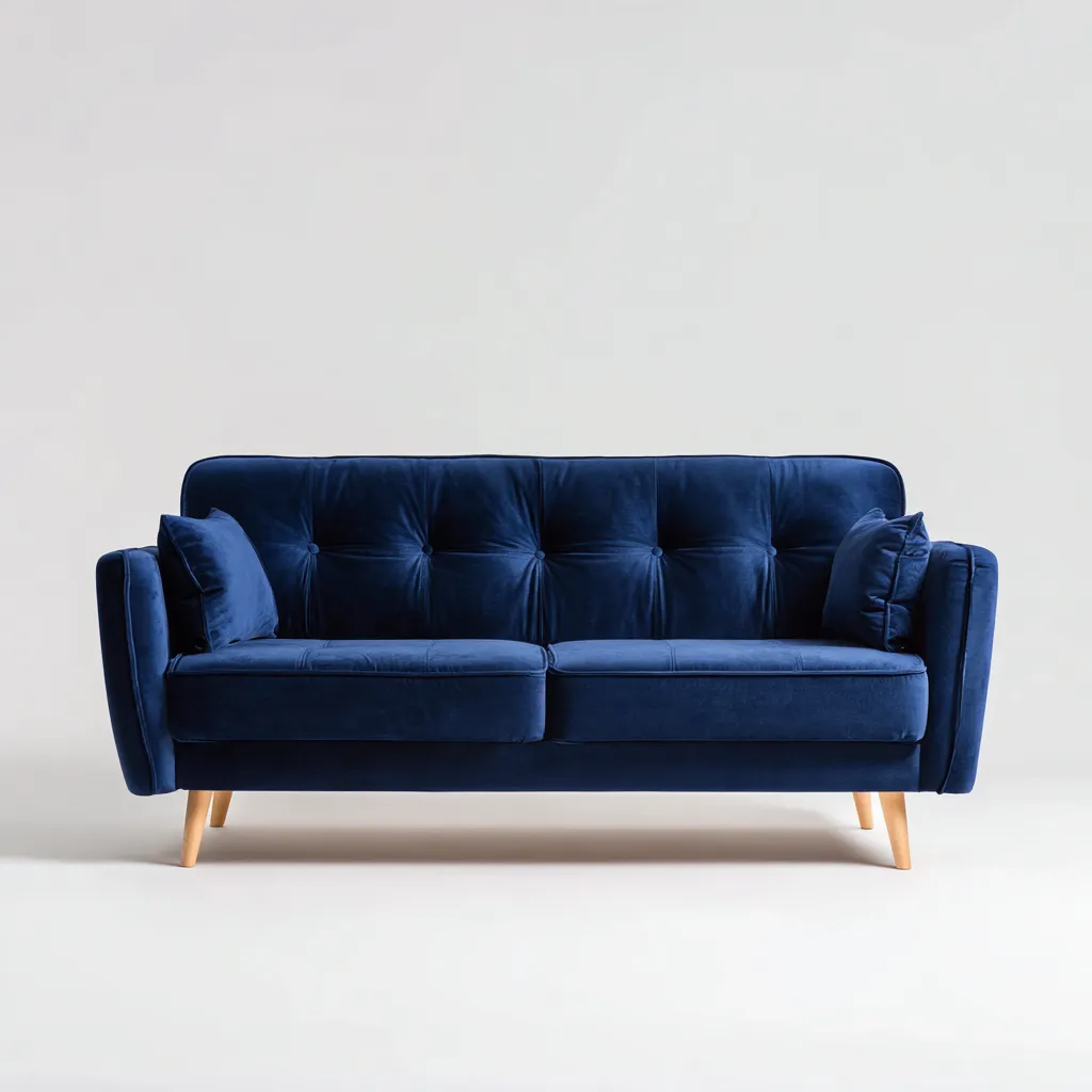 Divano 2 posti 176×86×82 cm - tessuto imbottito - blu scuro e naturale - stile rétro con schienale capitonné-Ravakahome