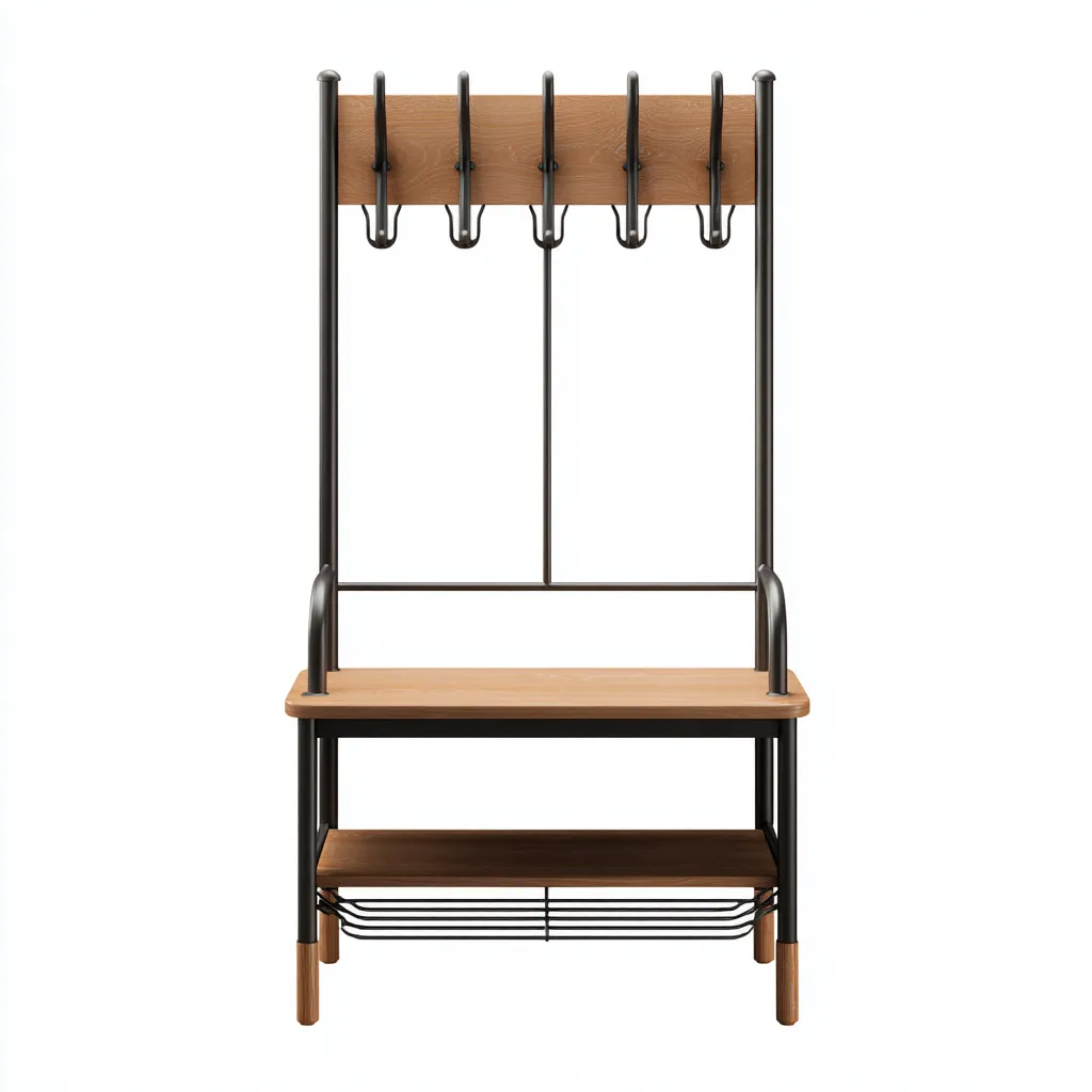 Appendiabiti da ingresso in metallo e legno 70×38×185 cm - nero e marrone - stile industriale con seduta e ripiani-Ravakahome