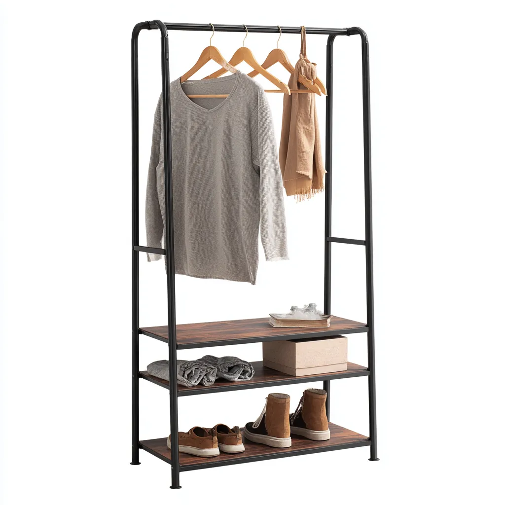 Appendiabiti da ingresso 80×40×180 cm - nero e marrone - metallo con barra e ripiani-Ravakahome