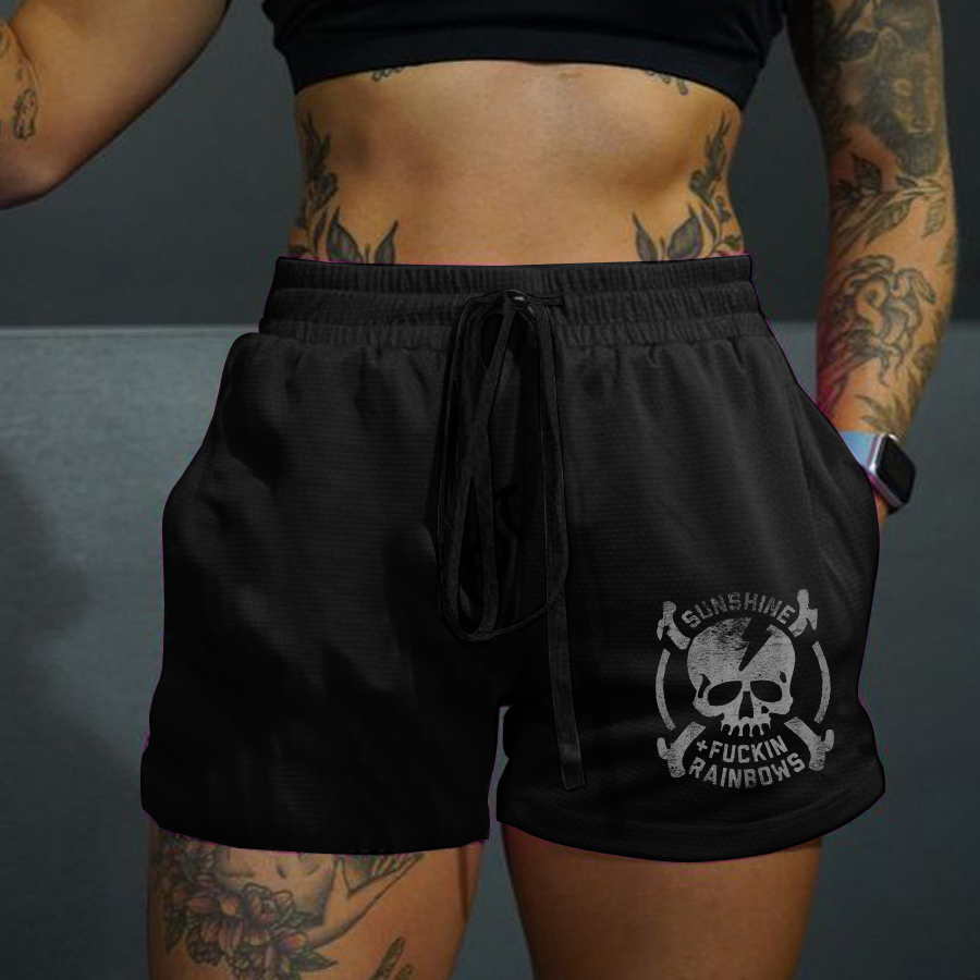 Sunshine + Fuckin Rainbows Print  Rope Elastic Waist Casual Women's Shorts
