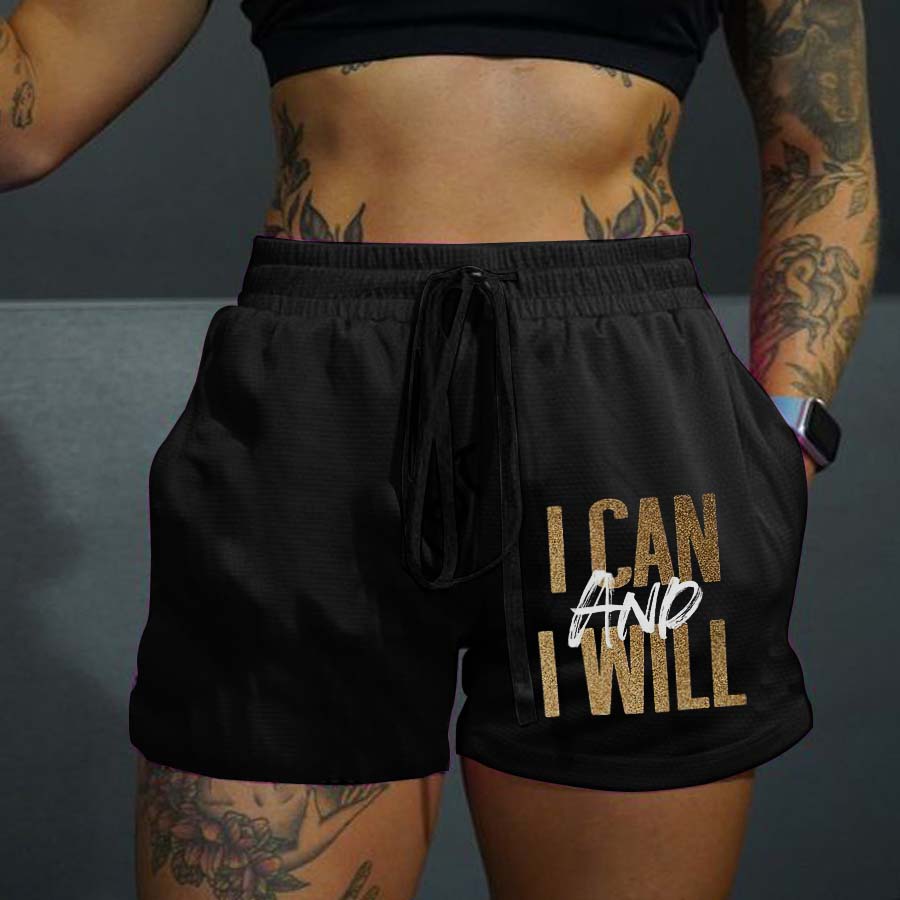 I Can And I Will Print Rope Elastic Waist Casual Women's Shorts-traneing