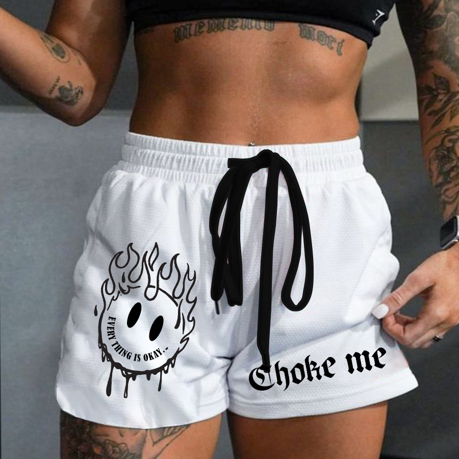 Choke Me Print Rope Elastic Waist Casual Women's Shorts-traneing