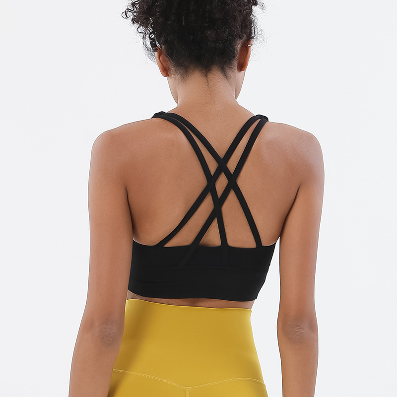 Solid Color Cross Back Shockproof Gathered Yoga Fitness Women's Sports Vest-traneing