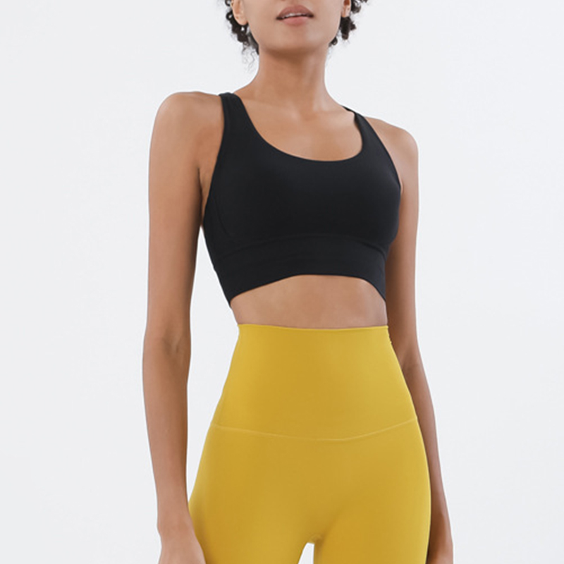 Solid Color Cross Back Shockproof Gathered Yoga Fitness Women's Sports Vest-traneing