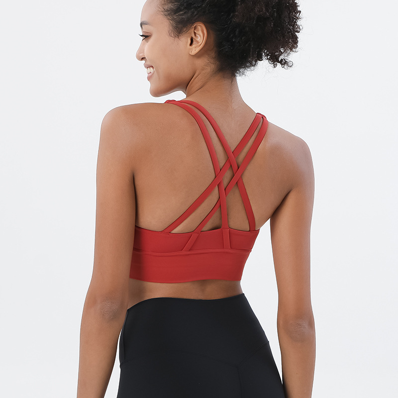Solid Color Cross Back Shockproof Gathered Yoga Fitness Women's Sports Vest-traneing