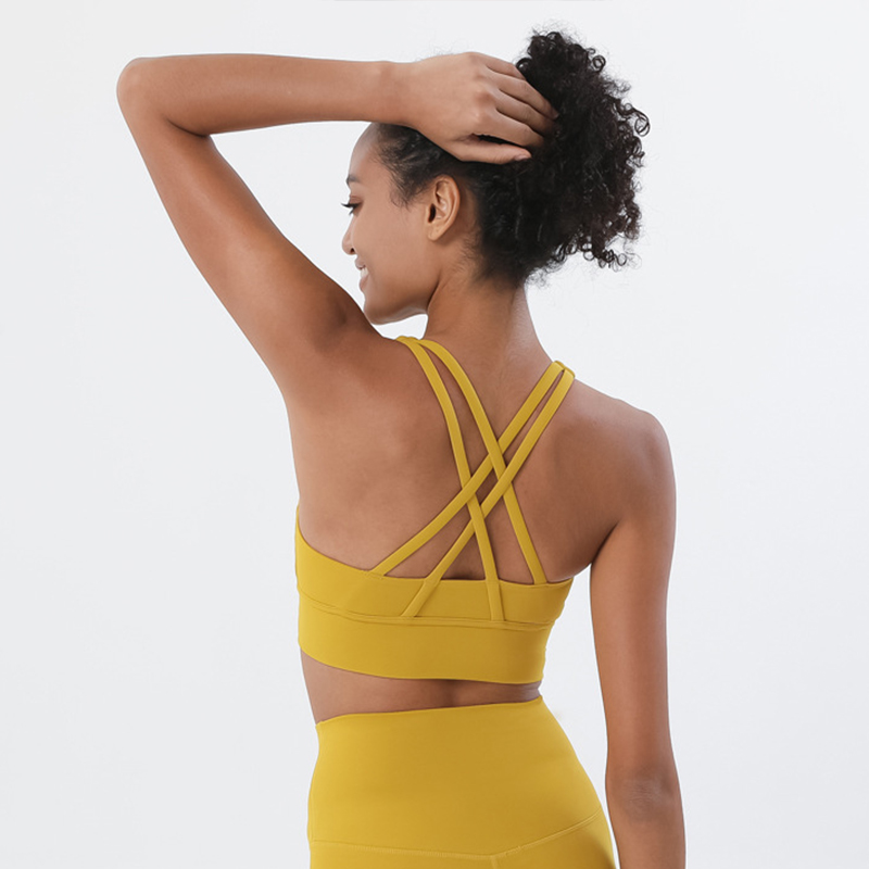 Solid Color Cross Back Shockproof Gathered Yoga Fitness Women's Sports Vest-traneing