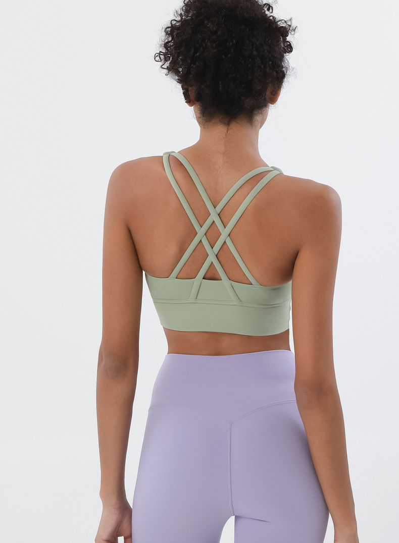 Solid Color Cross Back Shockproof Gathered Yoga Fitness Women's Sports Vest-traneing