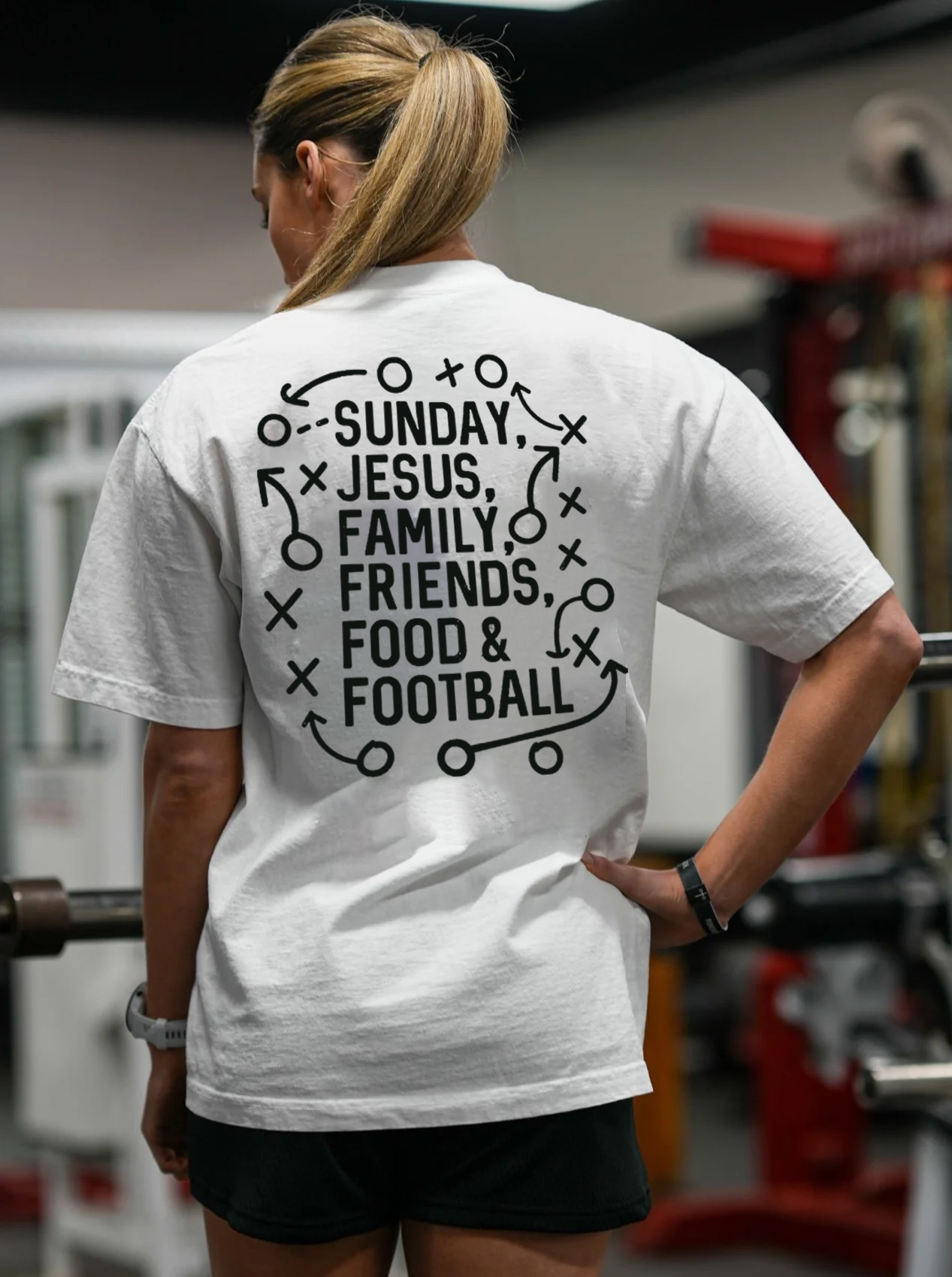 Sunday,Jesus,Family,Friends,Food&Football Print Women's T-shirts