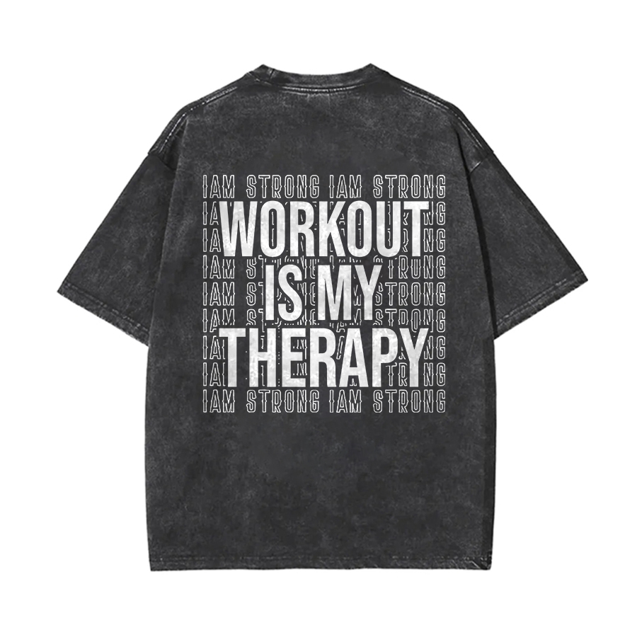 Workout Is My Therapy Printed Oversize Washed T-Shirt-traneing