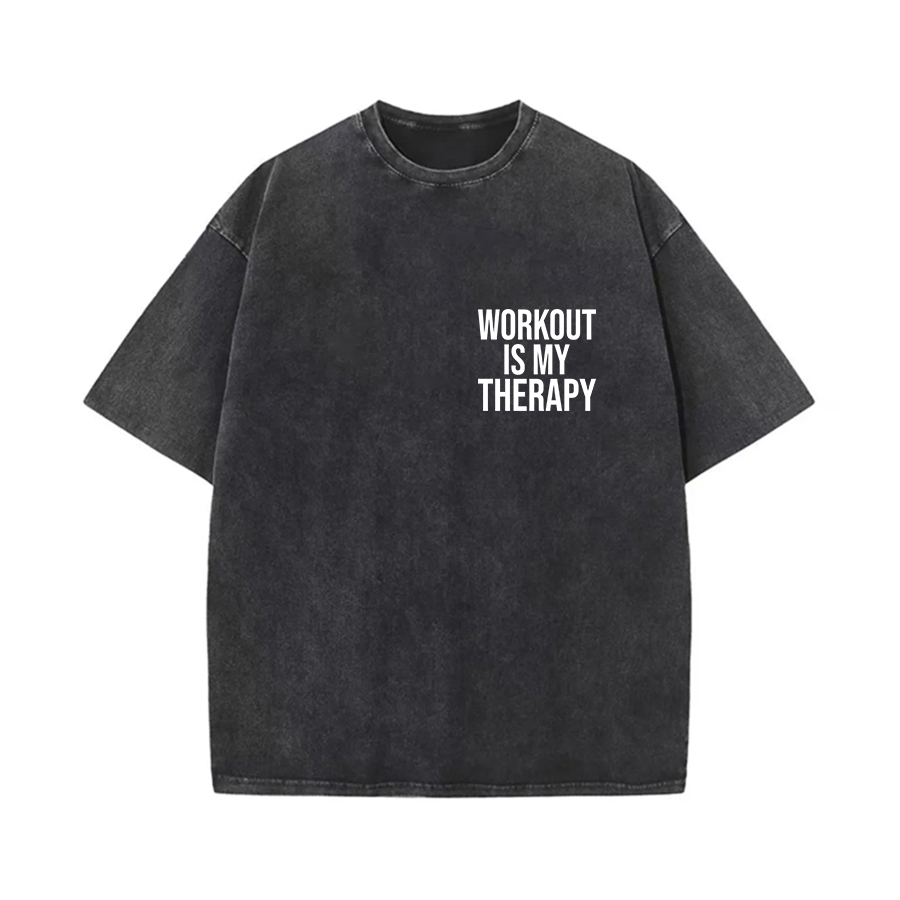 Workout Is My Therapy Printed Oversize Washed T-Shirt-traneing