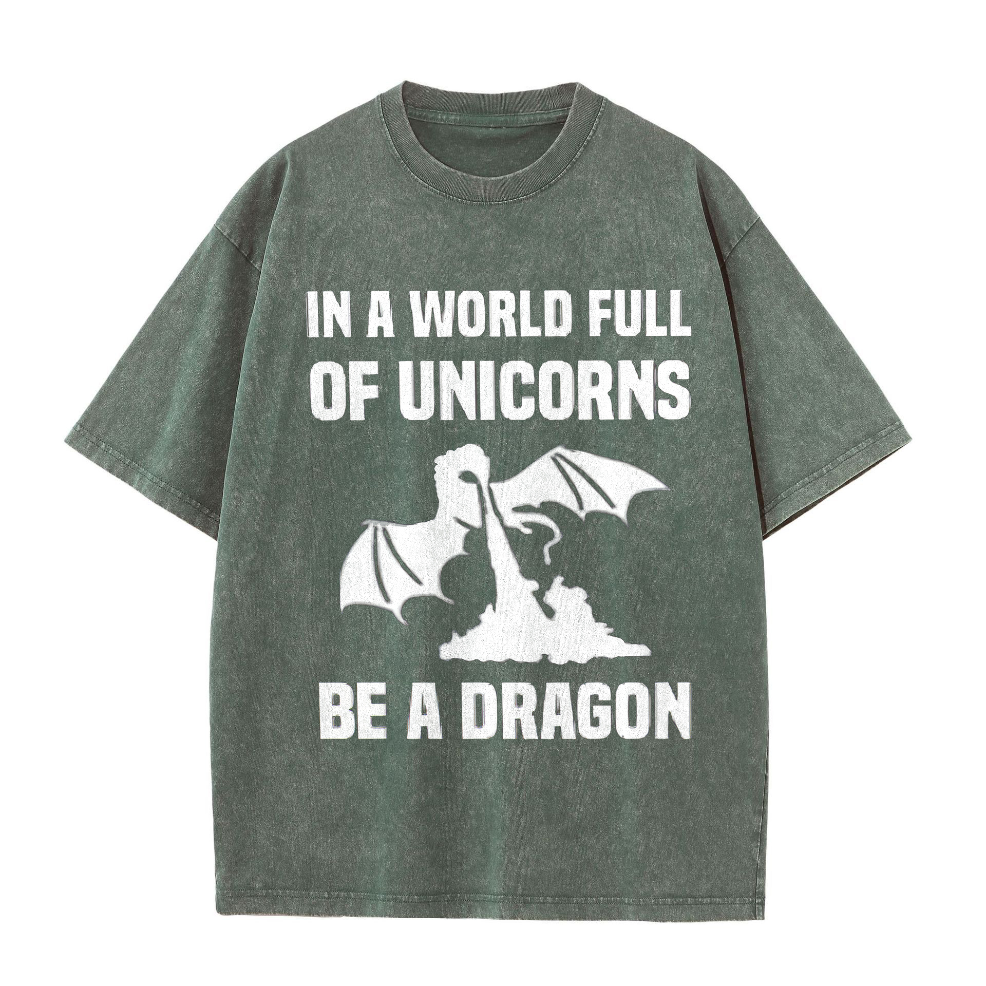 In A World Full Of Unicorns Be A Dragon Printed Oversize Washed T-Shirt-traneing