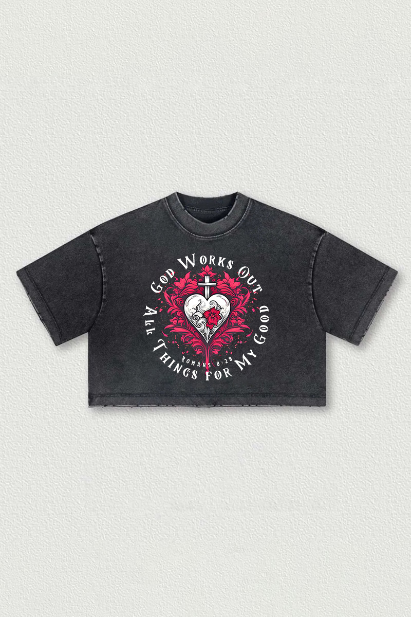 God Works Out All Things For My Good Printed Washed Women's Cropped Top-traneing