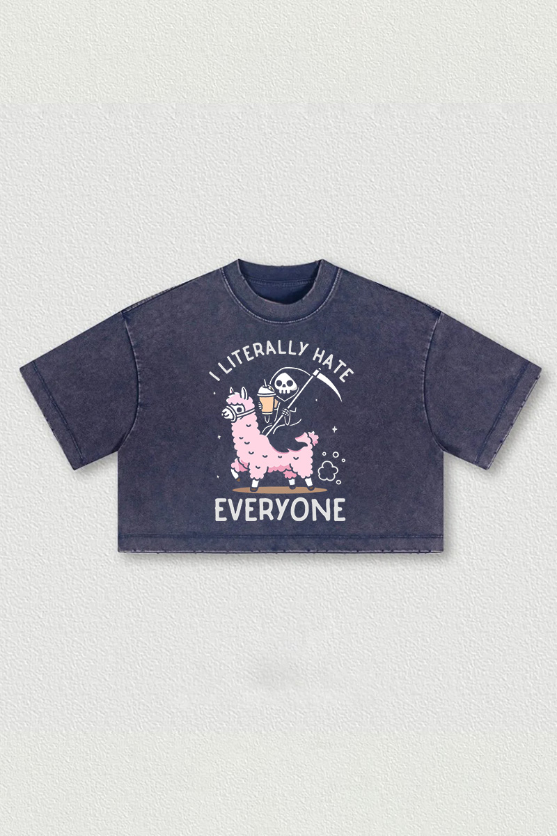I Literally Hate Everyone Printed Washed Women's Cropped Top-traneing