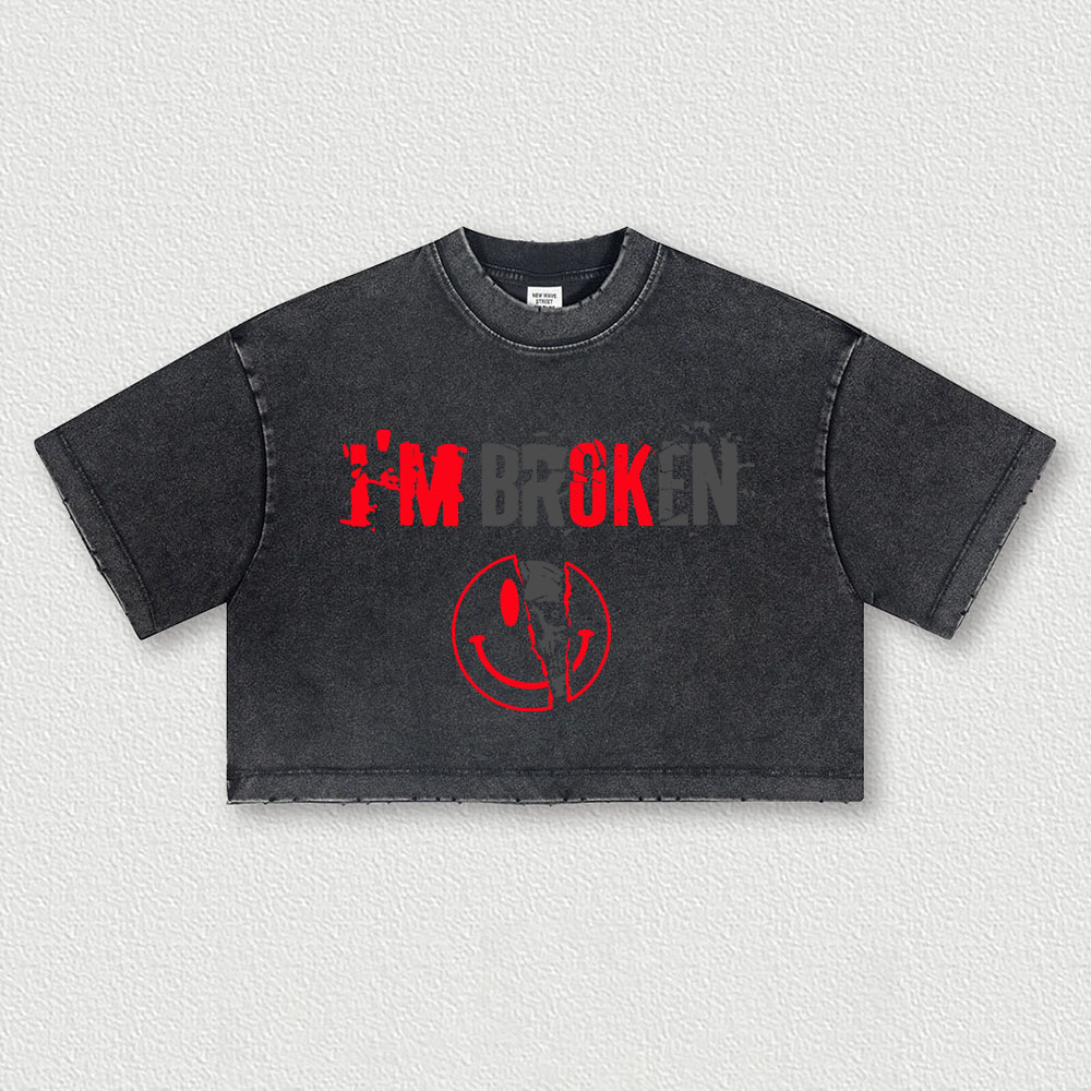 I'm Broken Printed Washed Women's Cropped Top-traneing