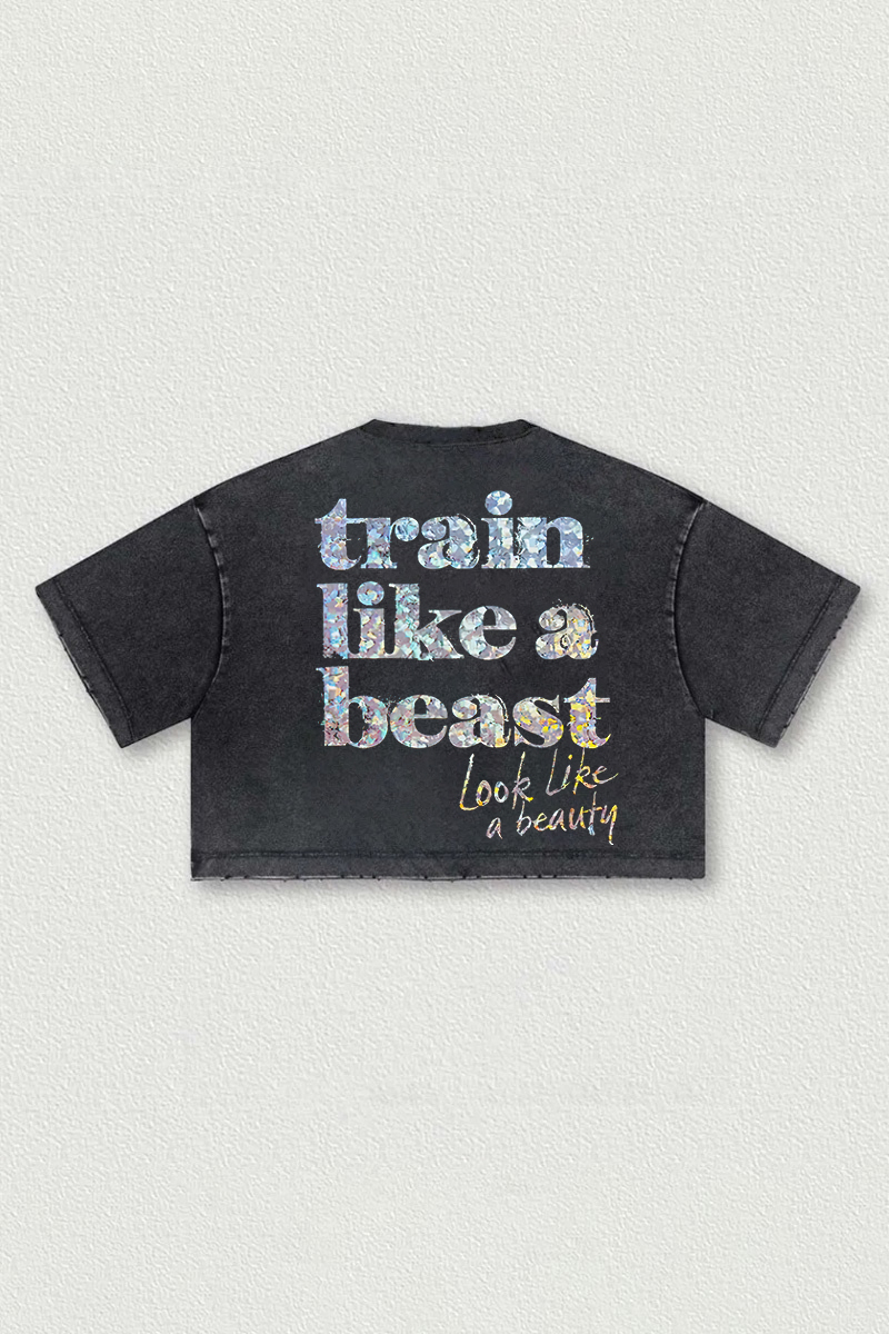 Train Like A Beast Printed Washed Women's Cropped Top-traneing