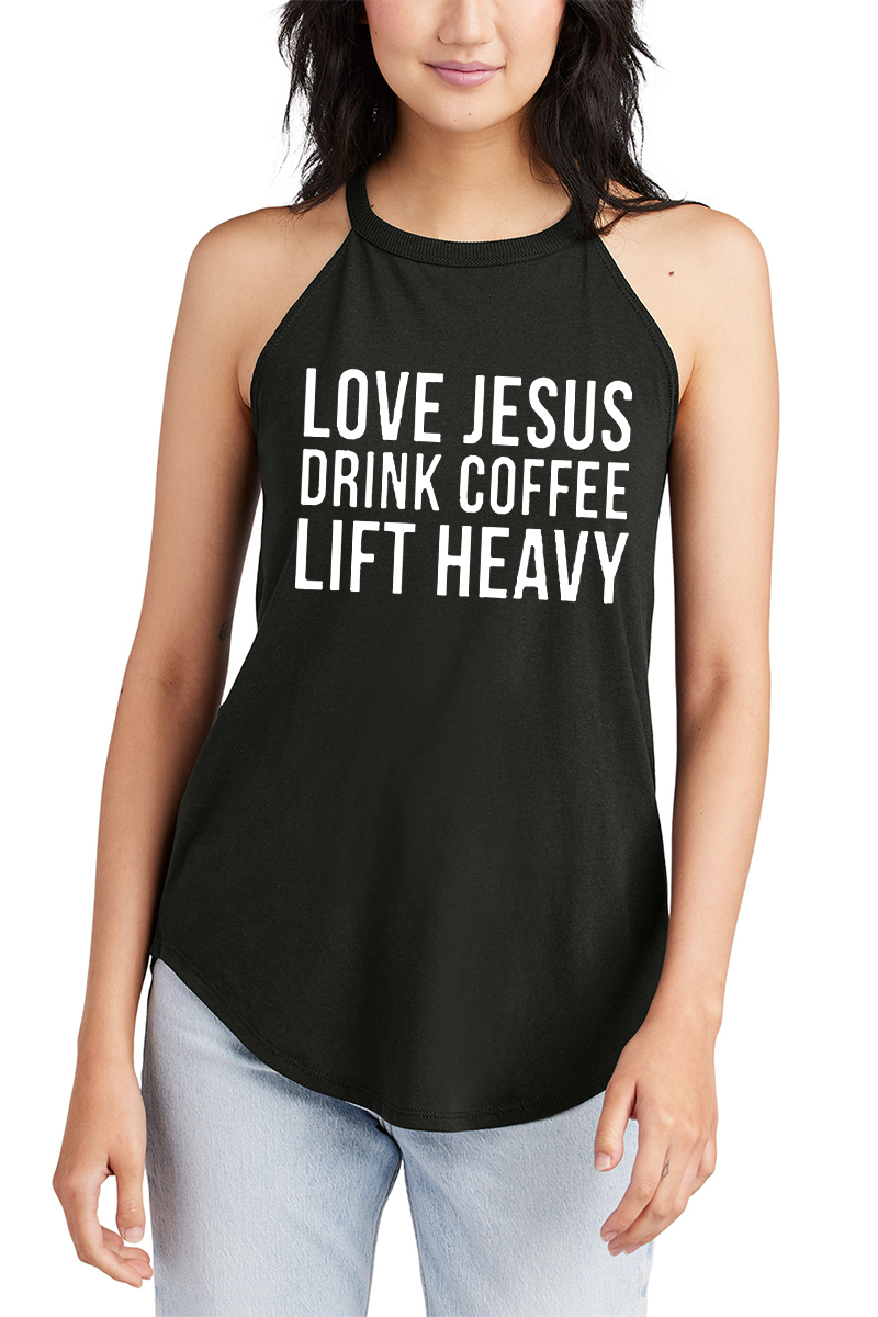 Love Jesus Drink Coffee Lift Heavy Printed Women's Yoga Tank Tops Image - 3