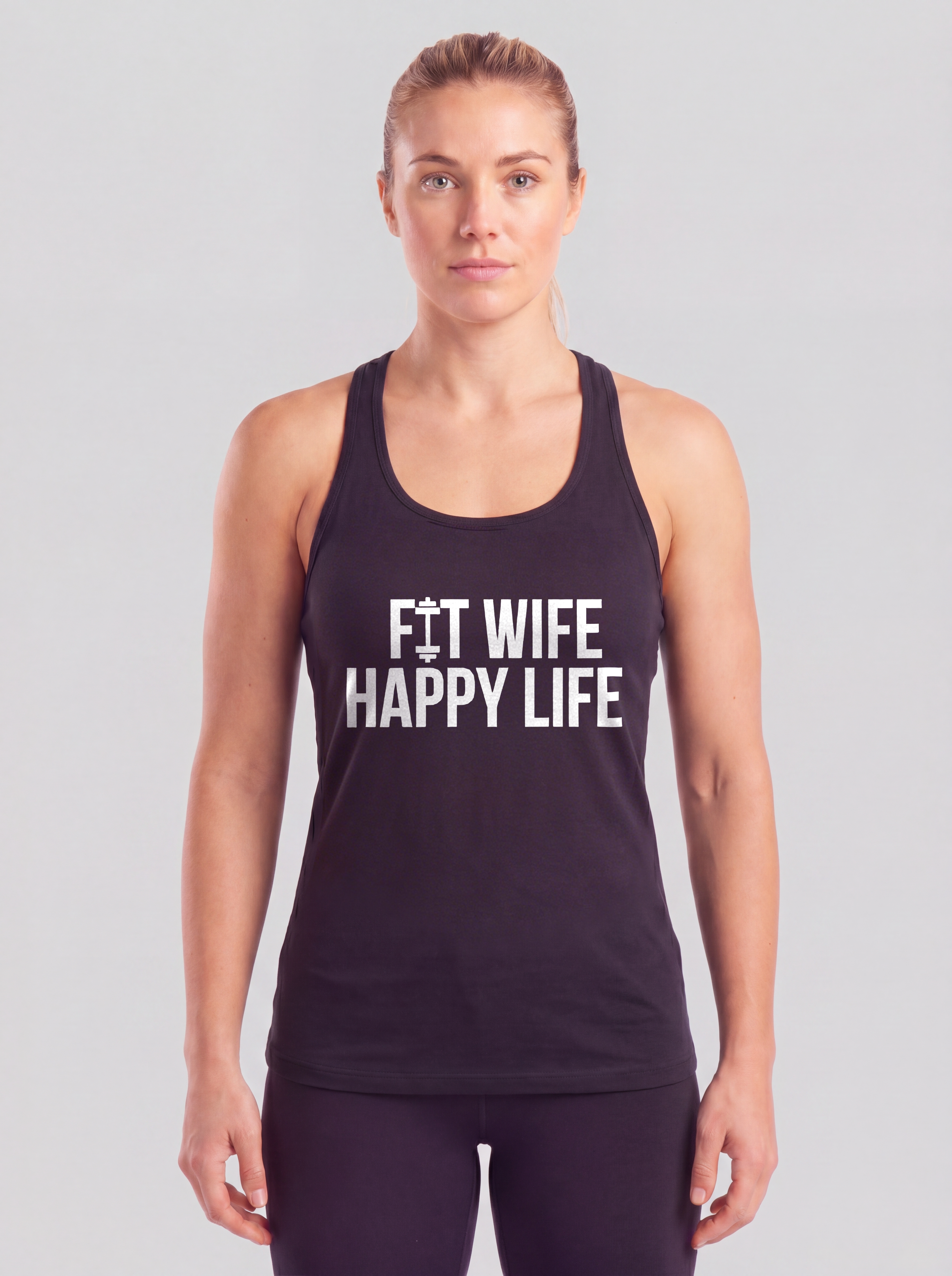 Fit Wife Happy Life Printed Racerback Tank Tops
