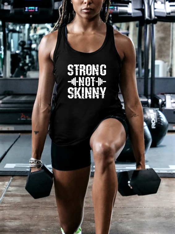 Strong Not Skinny Printed Racerback Tank Tops-traneing