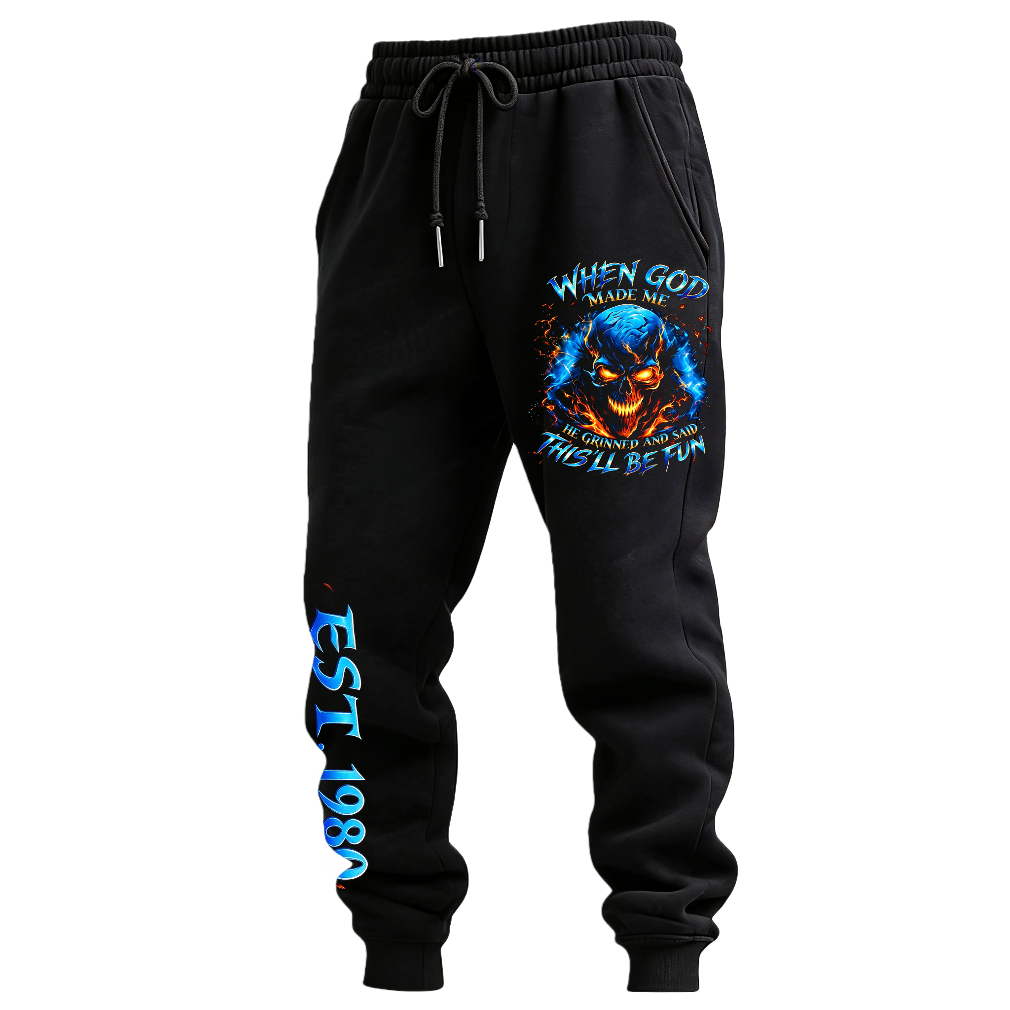 When God Made Me This'll Be Fun Flaming Skull Chrome Typography GENX Print Men's Fleece-lined Sweatpants