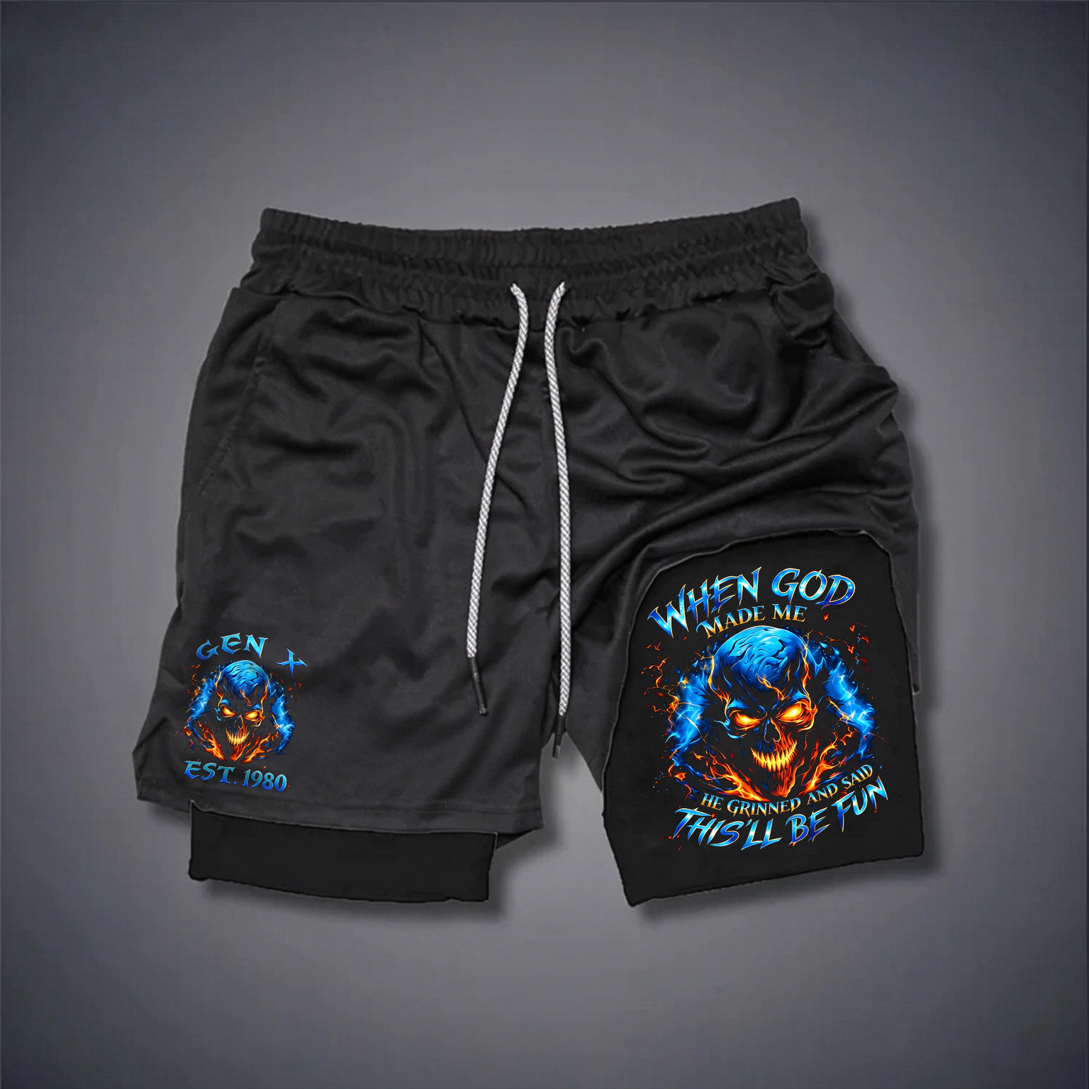 When God Made Me This'll Be Fun Flaming Skull Chrome GENX Typography Stretch Compression Liner Short