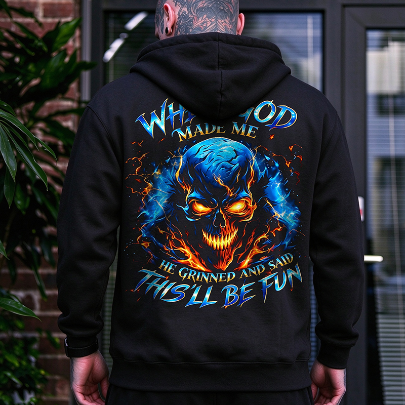 When God Made Me This'll Be Fun Flaming Skull Chrome Typography GENX Print Men's Hoodie