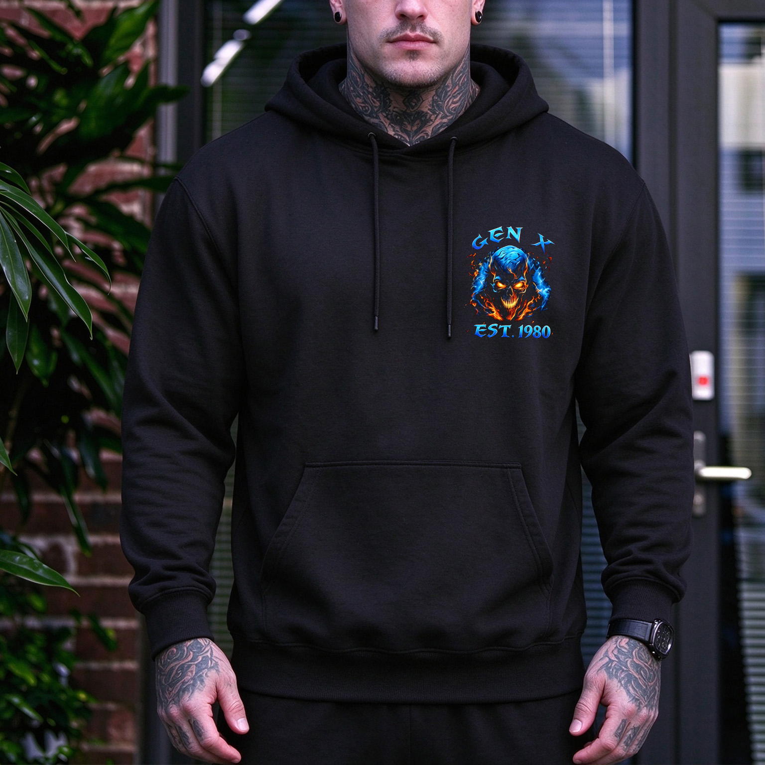 When God Made Me This'll Be Fun Flaming Skull Chrome Typography GENX Print Men's Hoodie