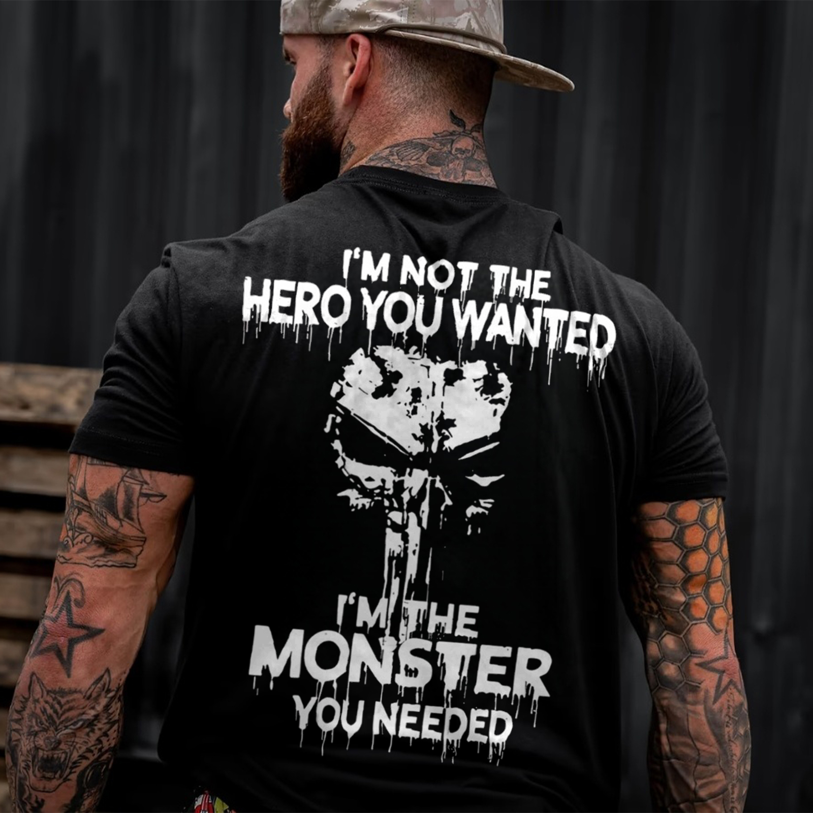 I'm Not the Hero You Wanted Anti-Hero Skull Vigilante Distressed Dripping Grunge Men's Cotton Graphic T-Shirt Image - 1