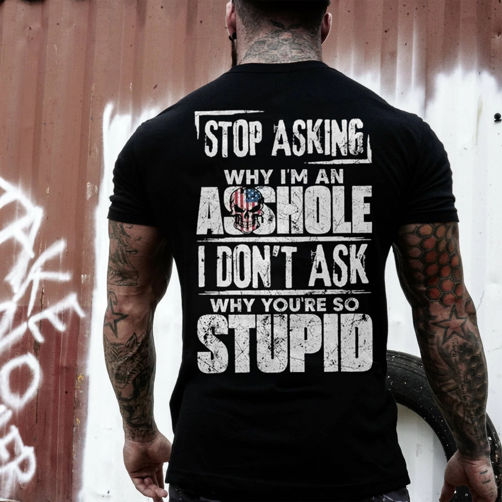Stop Asking Why Sarcastic Slogan American-Flag Skull Grunge Men's Cotton Graphic T-Shirt Image - 1