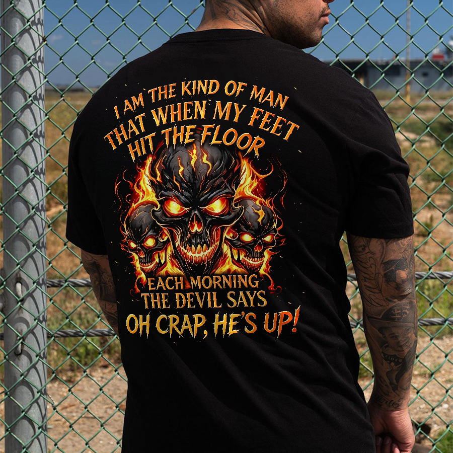 Each Morning the Devil Says OH CRAP, HE'S UP Fiery Skull Heavy-Metal GENX Men's Cotton Graphic T-Shirt