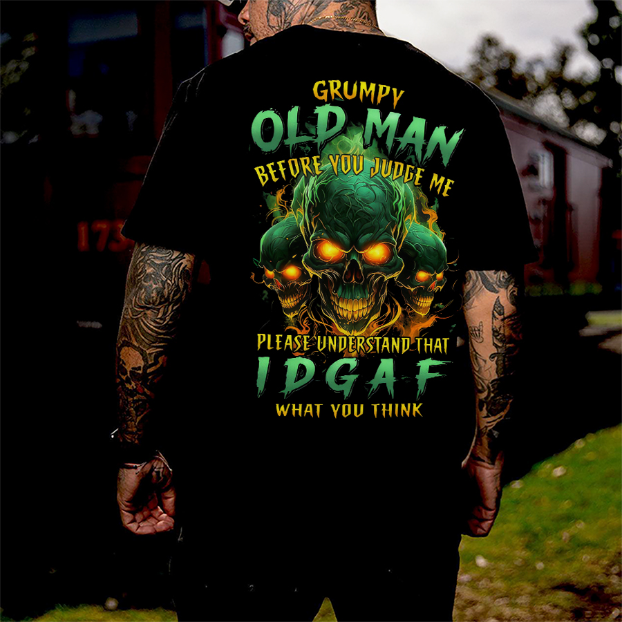 Grumpy Old Man IDGAF Slogan Radioactive Cyber-Skulls Badass Heavy-Metal GENX Men's Cotton Graphic T-Shirt