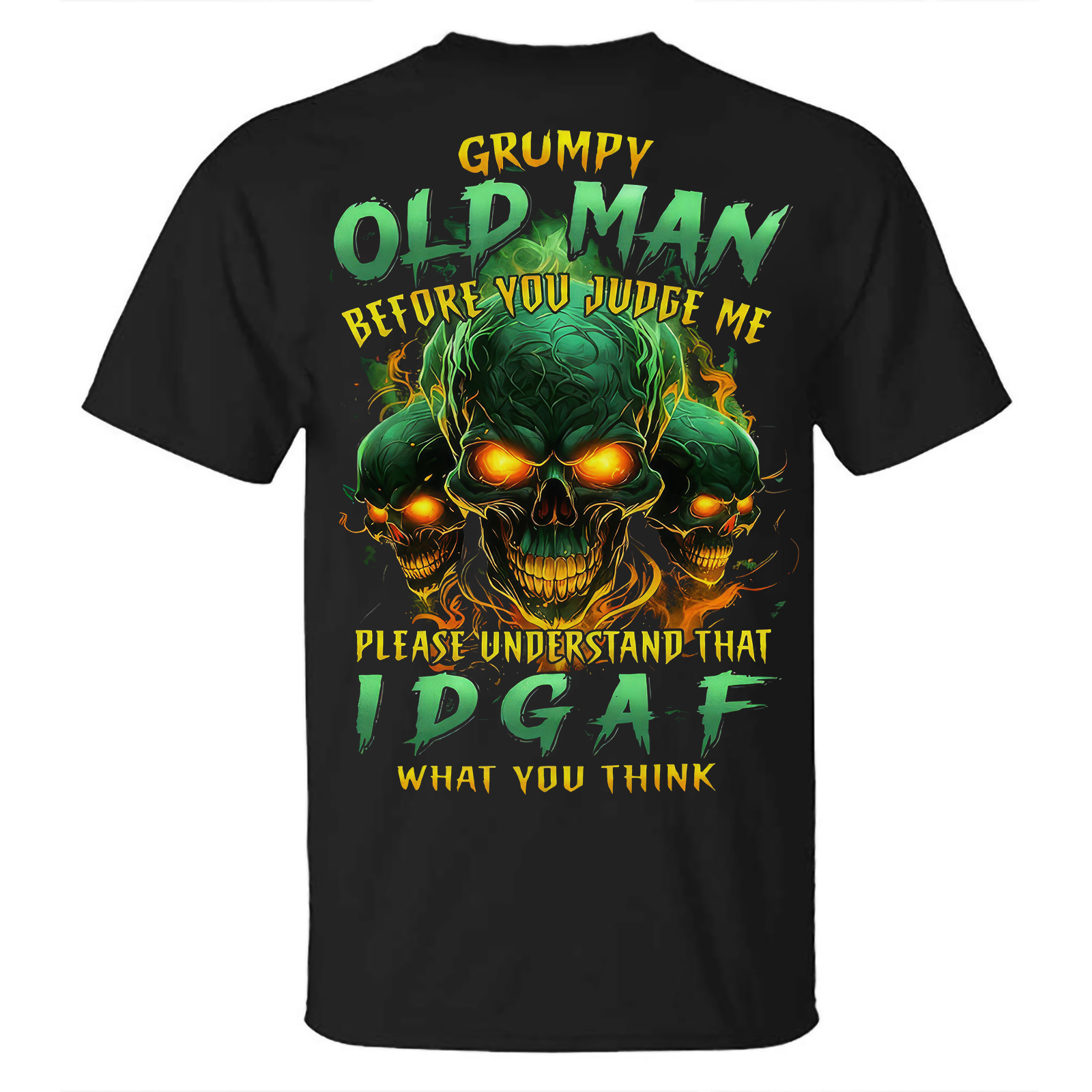 Grumpy Old Man IDGAF Slogan Radioactive Cyber-Skulls Badass Heavy-Metal GENX Men's Cotton Graphic T-Shirt