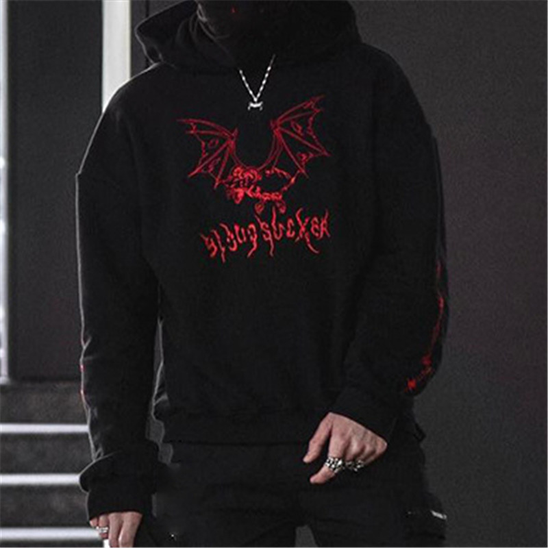 Bat print hooded black sweatshirt-Ranbybox