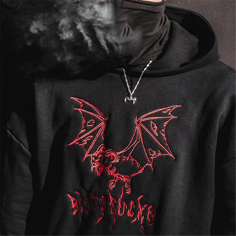 Bat print hooded black sweatshirt-Ranbybox
