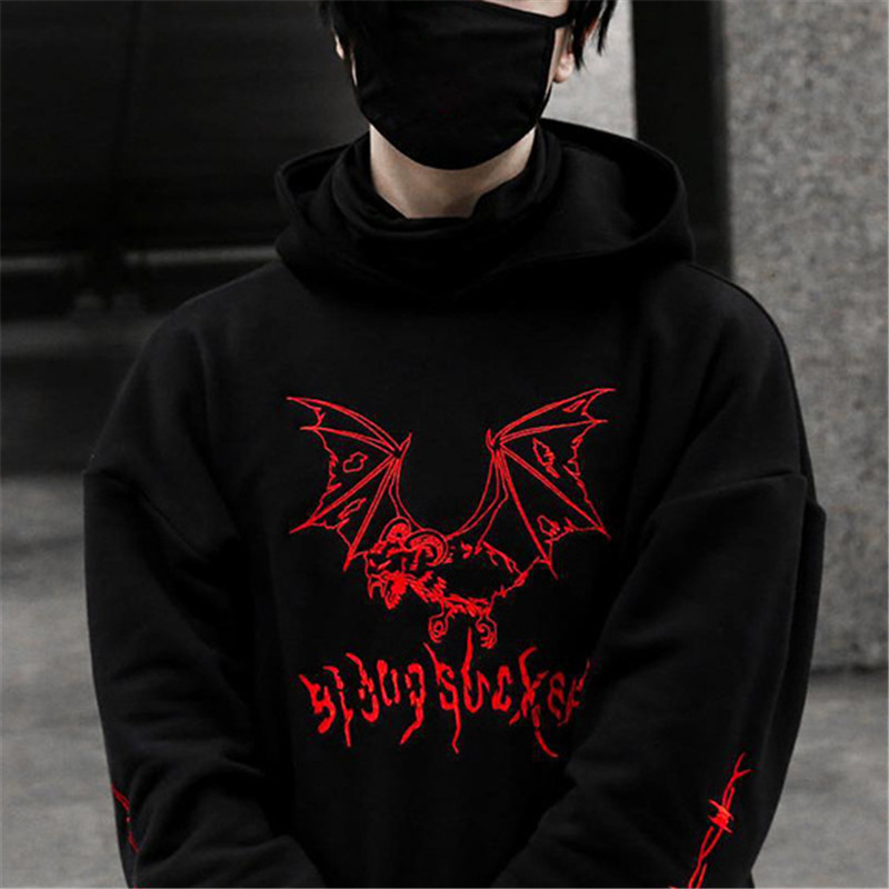 Bat print hooded black sweatshirt-Ranbybox