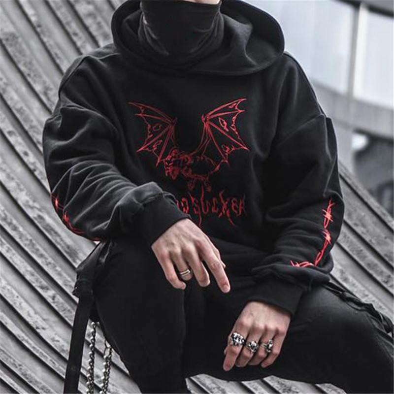 Bat print hooded black sweatshirt-Ranbybox