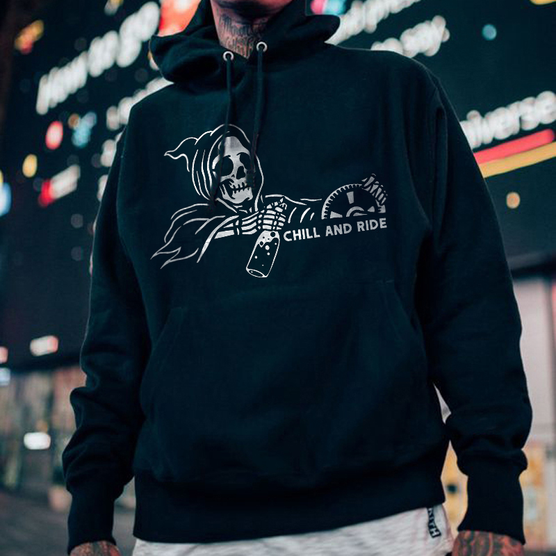  Fashion Chill And Ride Skull Drinking Printed Hoodie