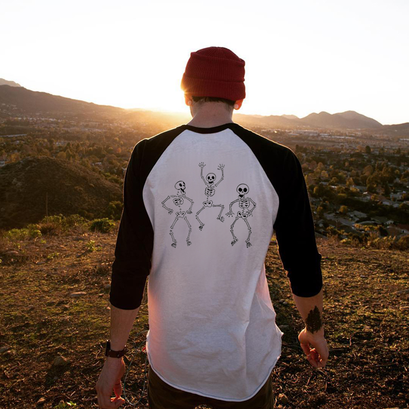  Happy Skeleton Printed Long-Sleeve Men's T-shirt-Ranbybox
