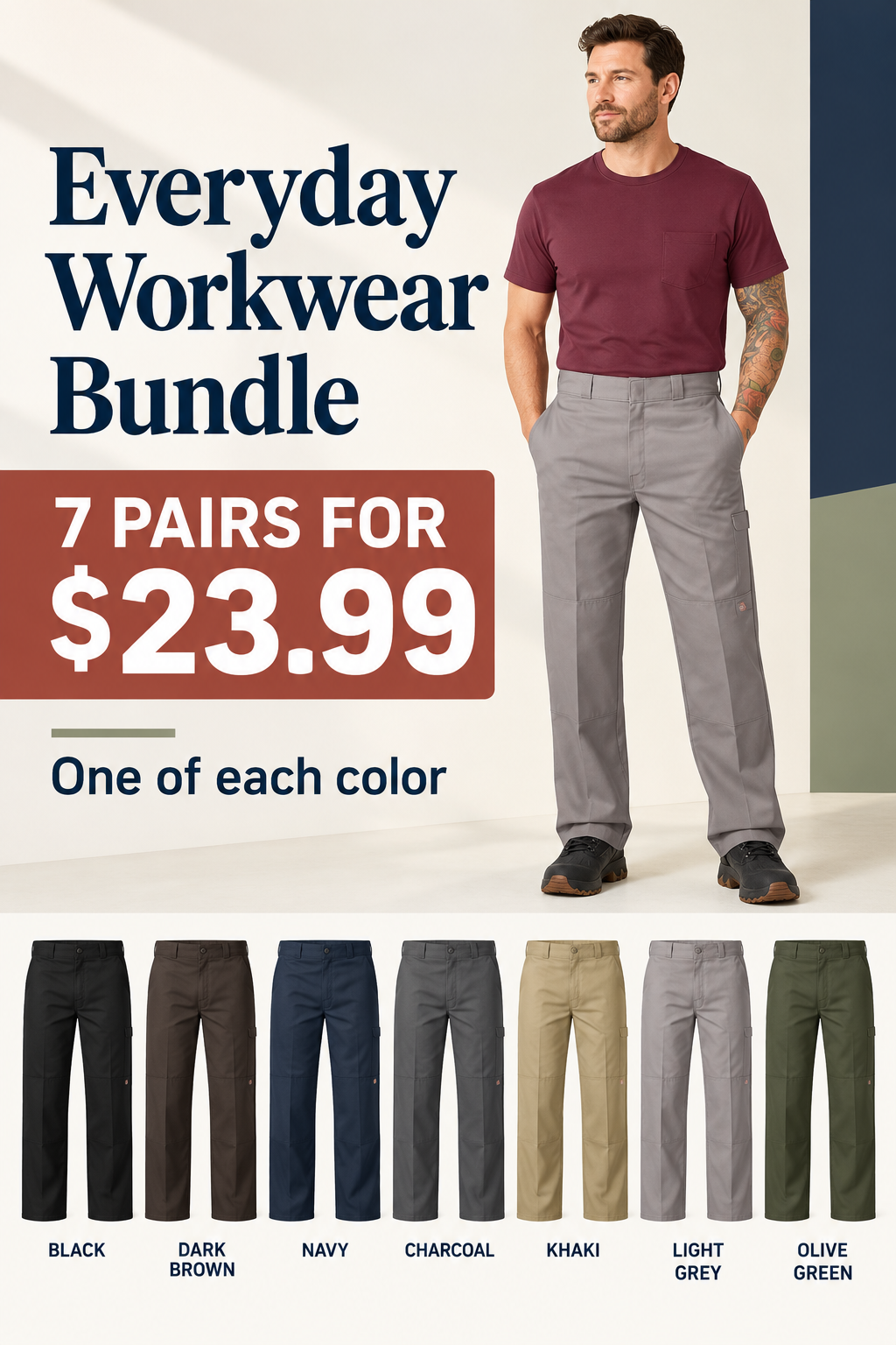 Seven-color work pants bundle: 7 pairs for $23.99